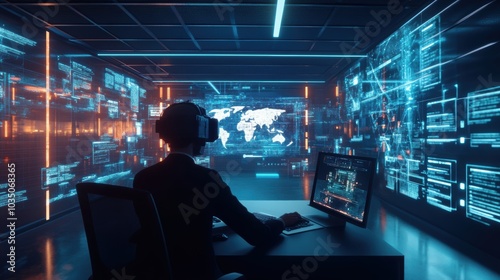 Virtual office in the metaverse, employees working in immersive digital spaces, VR environment with interactive elements.