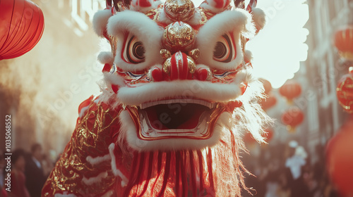 Traditional chinese dragon dancing on the street during lunar new year celebration photo