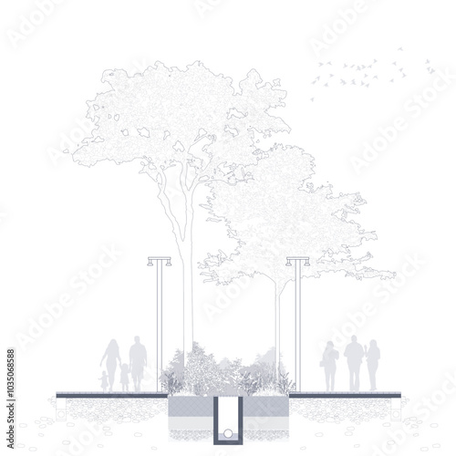 Architectural Drawings, Minimal style cad tree line drawing, Side view, set of section garden city 
street building outline for landscape design drawing. Vector illustration in seperate element