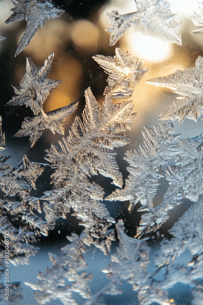 Frosted leaves create intricate patterns on a window as the sun sets in the background during a chilly winter evening Frosted leaves create intricate patterns on a window as the sun sets in the background during a chilly winter evening