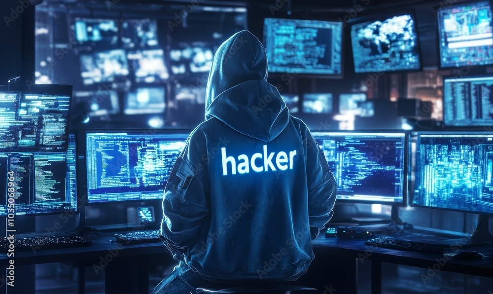 Hooded hacker working on multiple computer screens. Hooded hacker working on multiple computer screens.