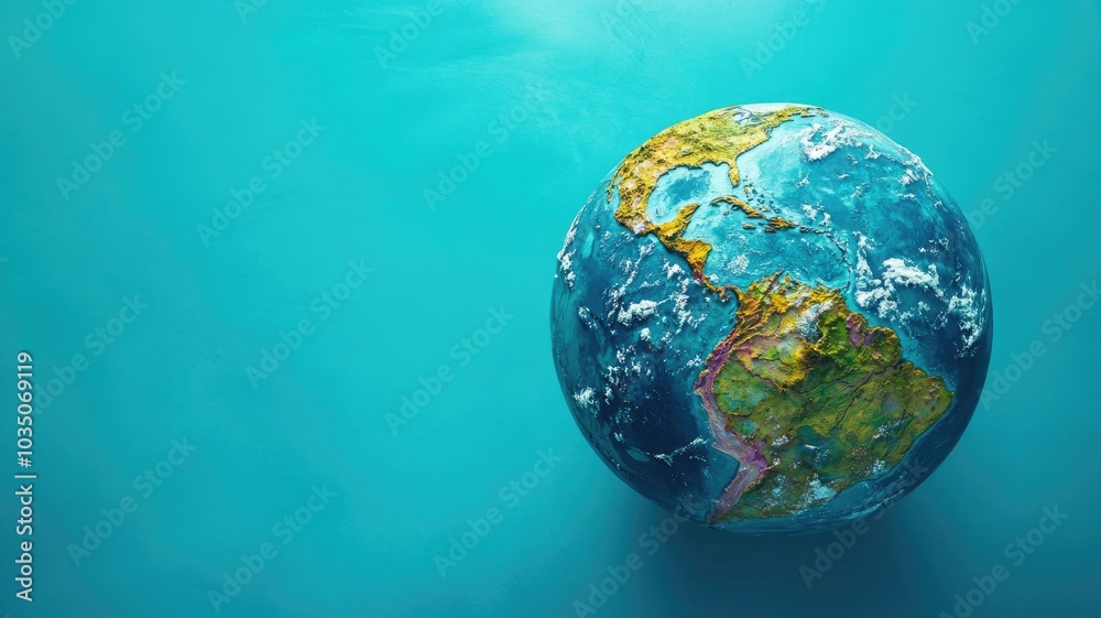 Fototapeta premium Earth against blue background, showing continents and oceans in vibrant colors