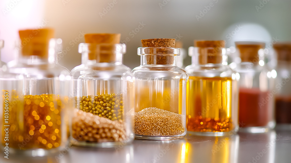 Line of glass jars showcasing an array of vibrant spices and oils on a kitchen counter, illuminated by soft afternoon sunlight. Each jar contains different textures and colors Line of glass jars showcasing an array of vibrant spices and oils on a kitchen counter, illuminated by soft afternoon sunlight. Each jar contains different textures and colors