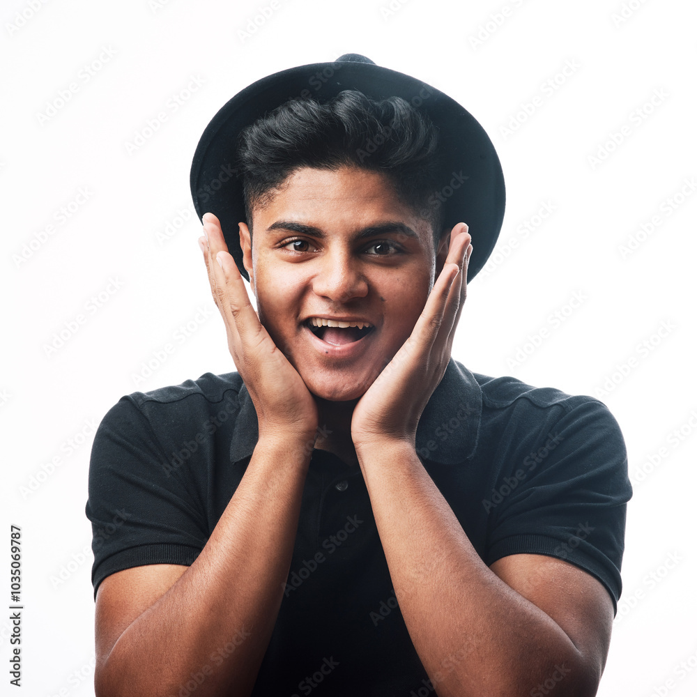 Man portrait, surprise and studio for hearing news, winner announcement and what on white background. Male person, shock and wow for information or secret gossip, listening and reaction to victory Man portrait, surprise and studio for hearing news, winner announcement and what on white background. Male person, shock and wow for information or secret gossip, listening and reaction to victory