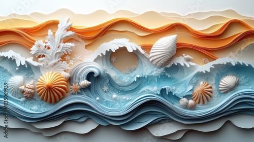 A vibrant paper art scene depicting ocean waves and seashells.