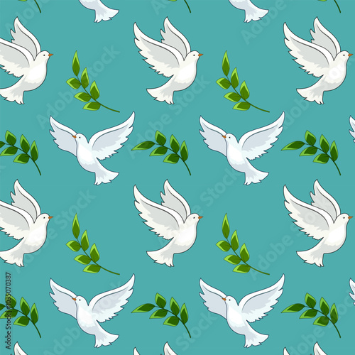 Pattern with doves on a colored background.Vector seamless pattern with doves and green branches on a colored background.
