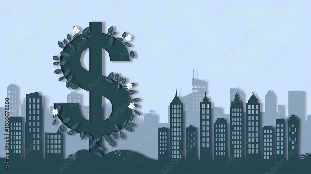 A dollar sign growing like a vine, enveloping skyscrapers in a cityscape papercut style background A dollar sign growing like a vine, enveloping skyscrapers in a cityscape papercut style background