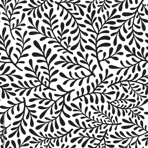 Seamless pattern. Black and white branches with leaves. Vector illustration.