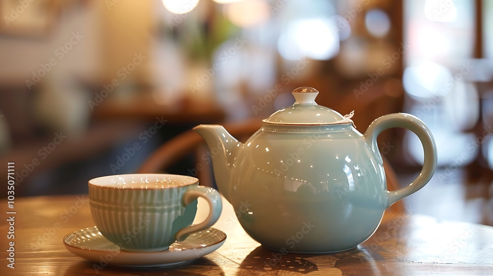 A sophisticated porcelain teapot brewing fragrant green tea A sophisticated porcelain teapot brewing fragrant green tea