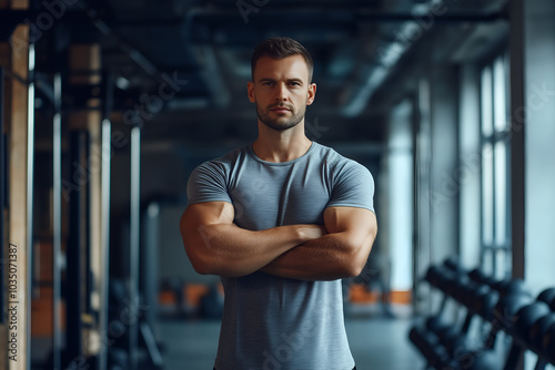 A confident fitness coach in sportswear, standing in a modern gym, People photography, A muscular man ready for workout