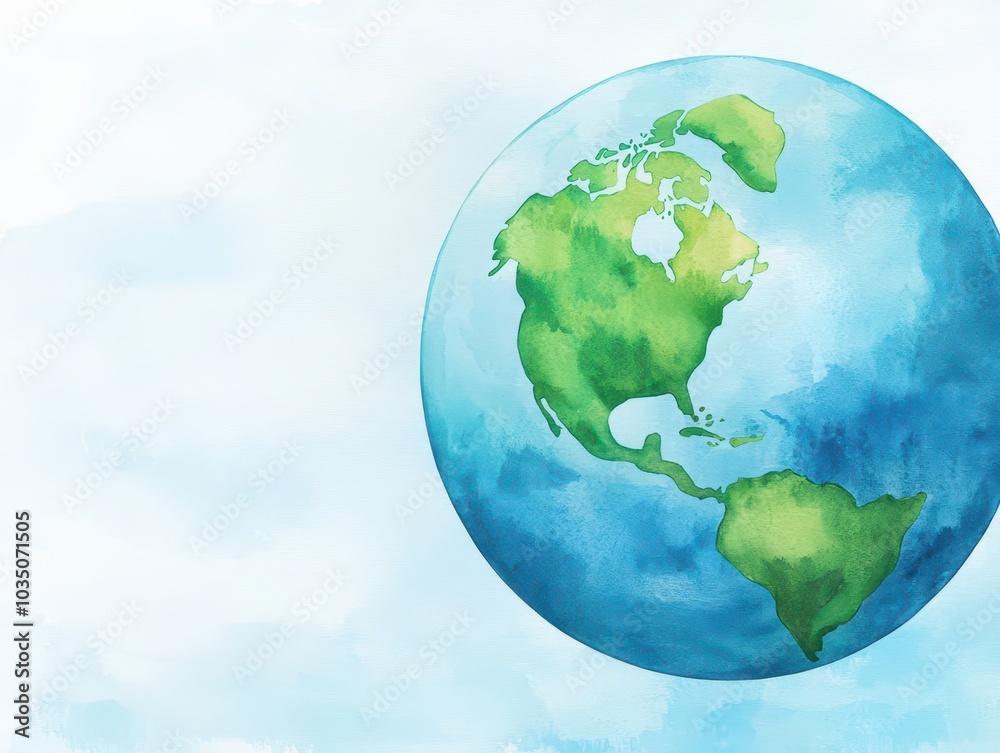 Naklejka premium A gentle watercolor rendering of Earth showcasing lush landscapes and vibrant colors, celebrating nature's beauty.