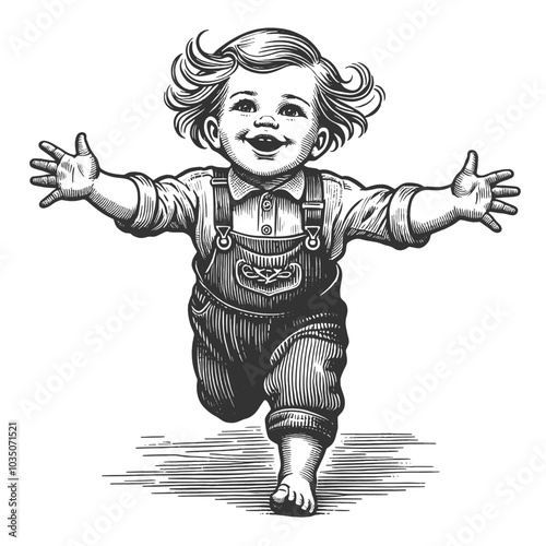 joyful young boy in classic attire running with open arms, capturing a sense of innocence, happiness, and excitement sketch engraving generative ai vector illustration. Black and white image.