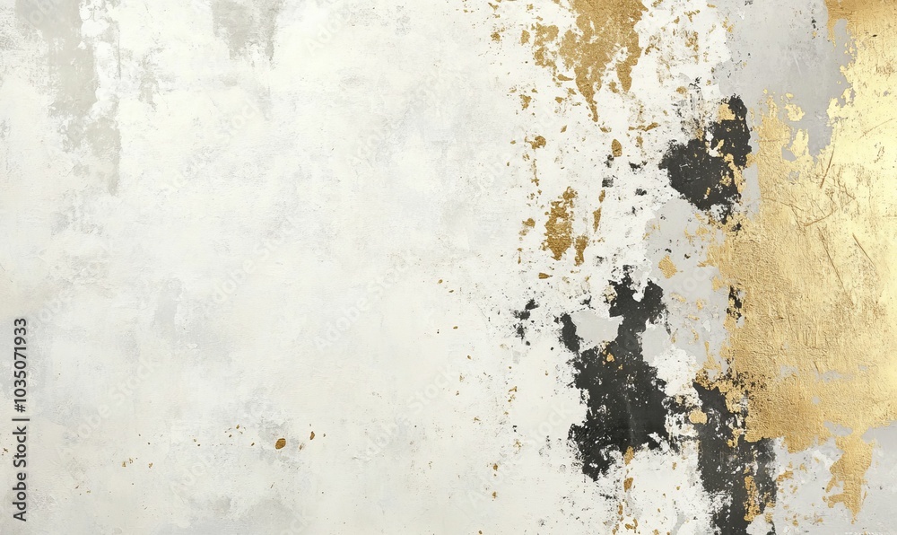 White wall with peeling gold and black paint. White wall with peeling gold and black paint.