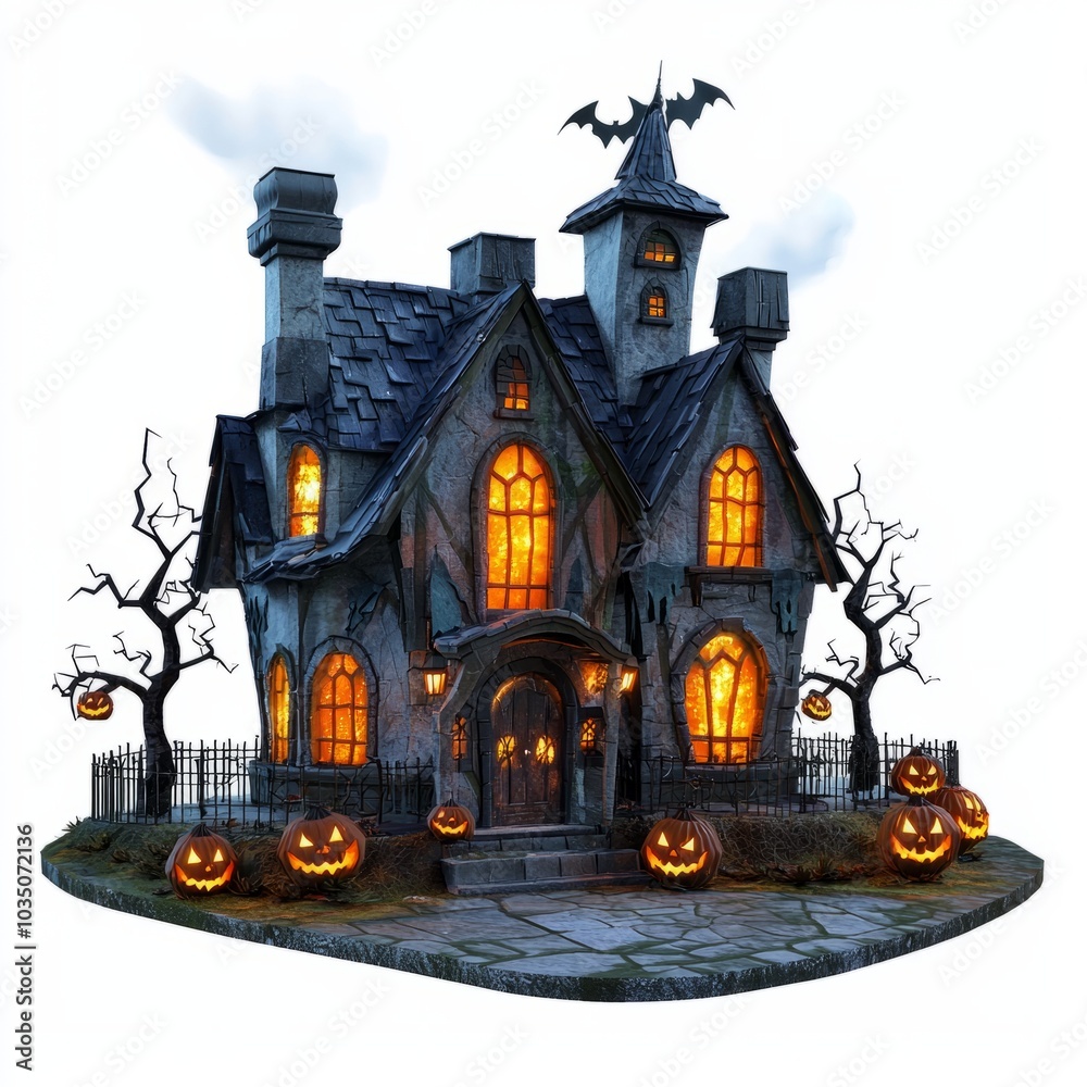3D Render, Low Poly style of a spooky theater set with ghostly performers and cobwebs, on isolated white background 3D Render, Low Poly style of a spooky theater set with ghostly performers and cobwebs, on isolated white background