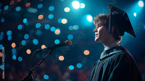 A graduate standing on stage with a microphone, delivering an emotional and heartfelt graduation speech