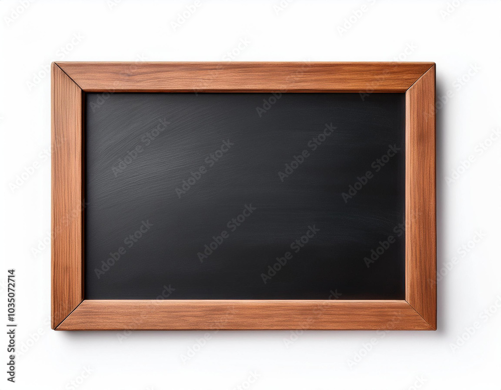 A black chalkboard on a white background and a wooden frame with clipping path . Promotion and details concept A black chalkboard on a white background and a wooden frame with clipping path . Promotion and details concept