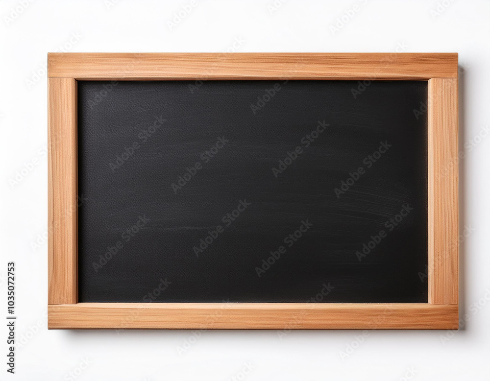 A black chalkboard on a white background and a wooden frame with clipping path . Promotion and details concept A black chalkboard on a white background and a wooden frame with clipping path . Promotion and details concept