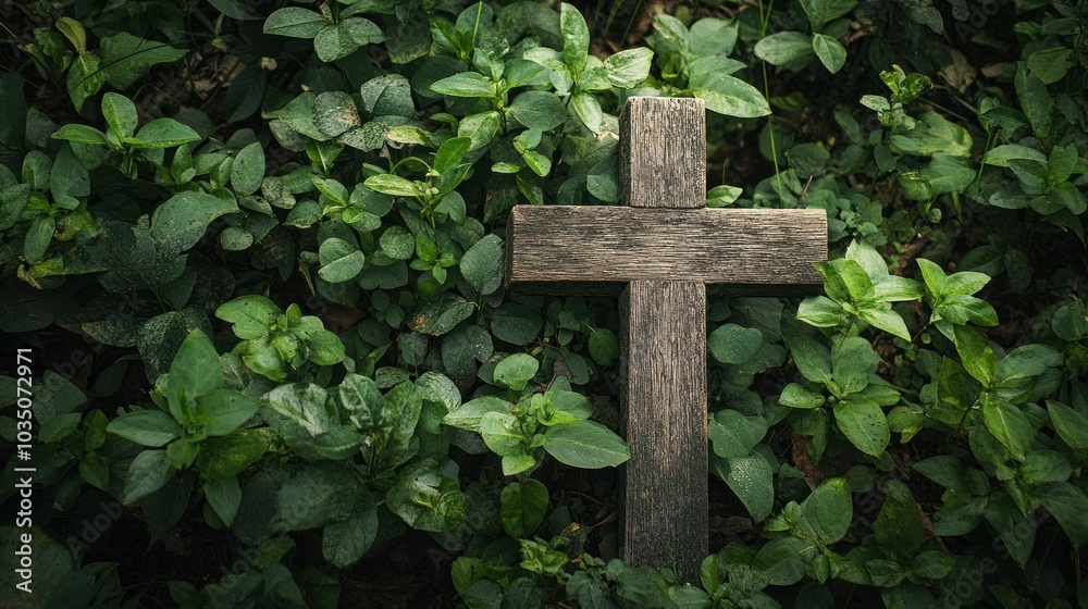 Wooden Cross in Lush Greenery Wooden Cross in Lush Greenery