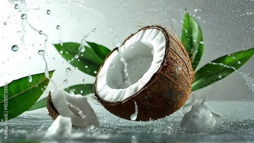 Painting of a broken coconut with flora on a white background