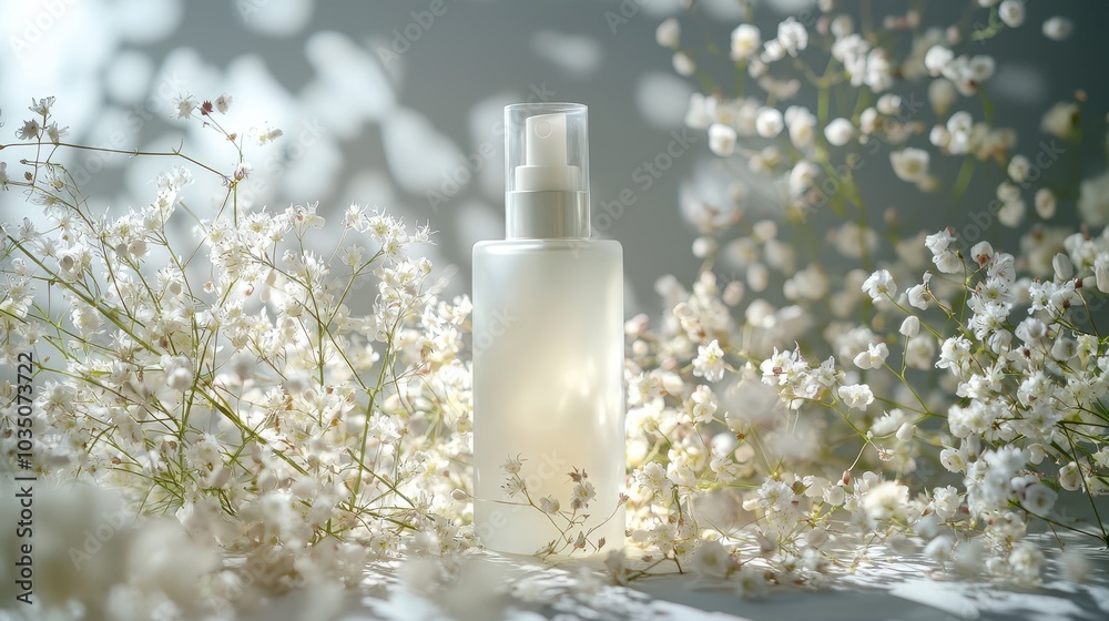 Elegant Spray Bottle Surrounded by Delicate Flowers Elegant Spray Bottle Surrounded by Delicate Flowers