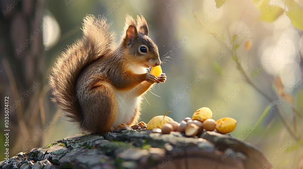 A squirrel eating a tiny birthday slice while sitting on an outdoor passenger A squirrel eating a tiny birthday slice while sitting on an outdoor passenger
