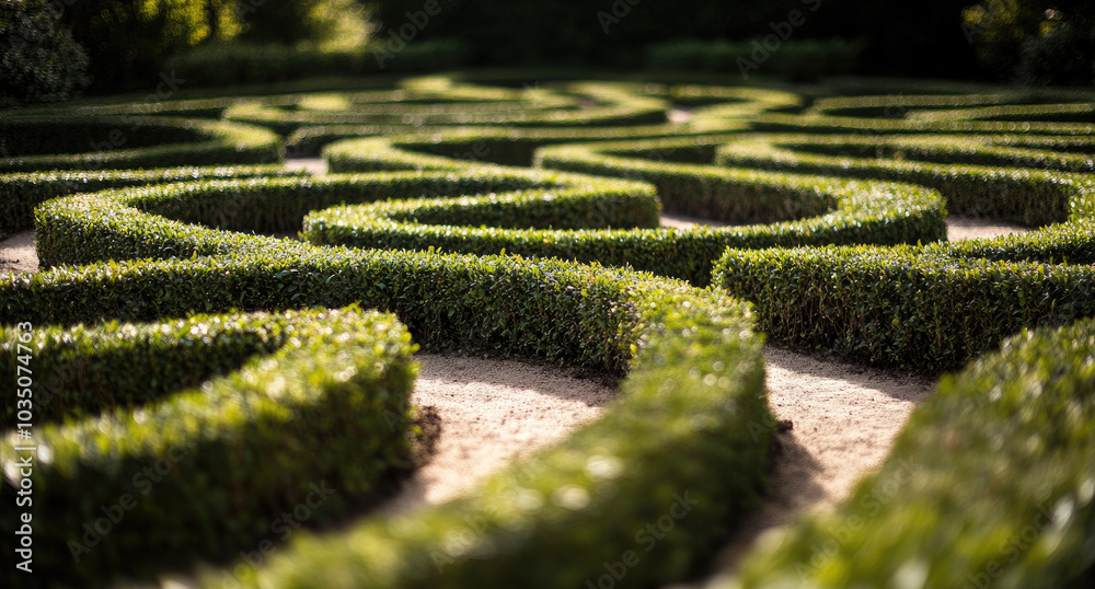 Intricate green hedge maze with winding paths in garden setting Intricate green hedge maze with winding paths in garden setting