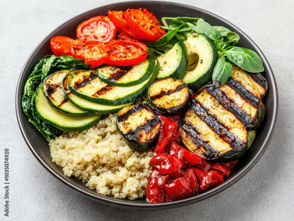 Balanced meal featuring grilled vegetables, quinoa, and avocado on a minimalist plate for a healthy lifestyle. Balanced meal featuring grilled vegetables, quinoa, and avocado on a minimalist plate for a healthy lifestyle.