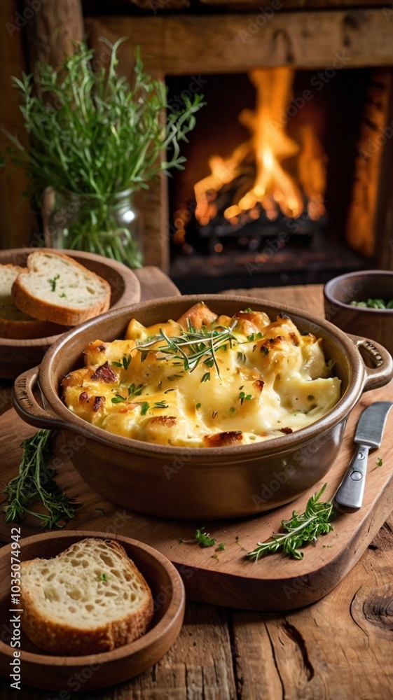 A beautifully plated Tartiflette served in a rustic ceramic dish, with crispy golden-brown cheese bubbling on top. A beautifully plated Tartiflette served in a rustic ceramic dish, with crispy golden-brown cheese bubbling on top.
