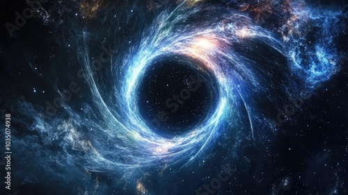 Dark space with swirling bright colors surrounding black hole