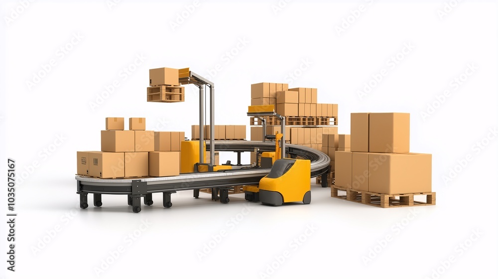 Automated Efficiency: A 3D rendering of a robotic arm and conveyor belt system seamlessly handling and transporting boxes, showcasing the power of automation in modern warehousing and logistics. Automated Efficiency: A 3D rendering of a robotic arm and conveyor belt system seamlessly handling and transporting boxes, showcasing the power of automation in modern warehousing and logistics.