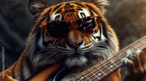 tiger playing bass guitar wearing sunglasses