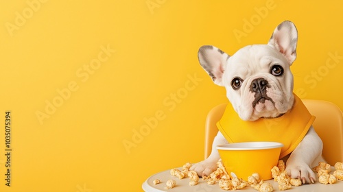 French Bulldog Puppy in High Chair: A cute and adorable French Bulldog puppy sits in a high chair with a bowl of food, looking curious and ready to eat.