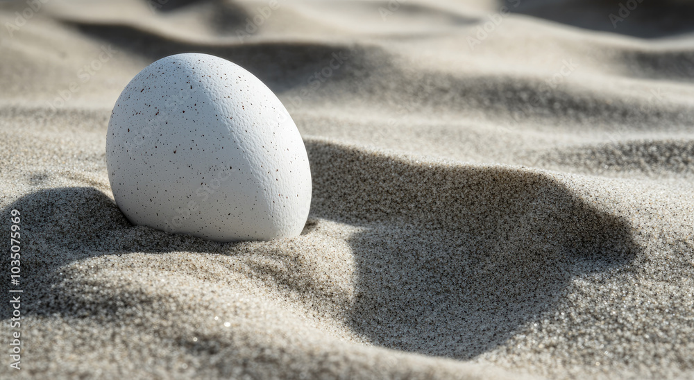 Single white egg resting on fine beige sand with ripples Single white egg resting on fine beige sand with ripples