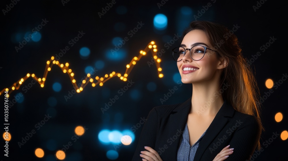 Confident businesswoman with financial growth background Confident businesswoman with financial growth background