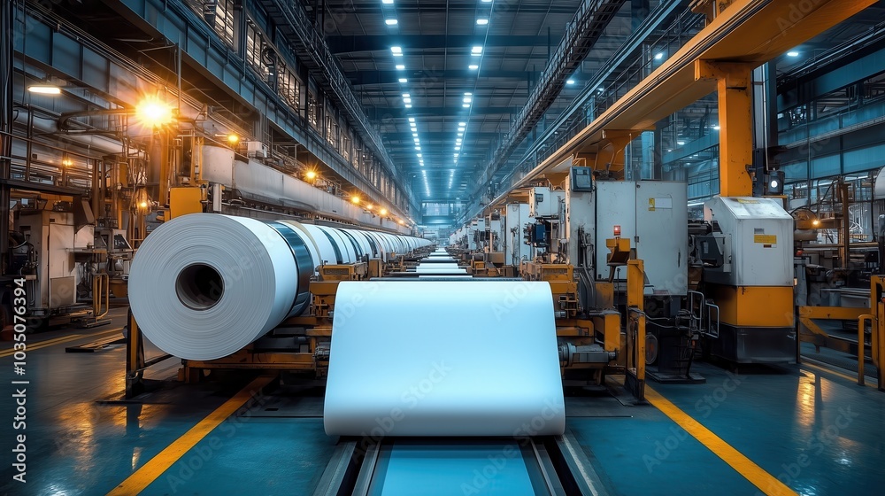 Paper Production Line in Industrial Factory Setting Paper Production Line in Industrial Factory Setting
