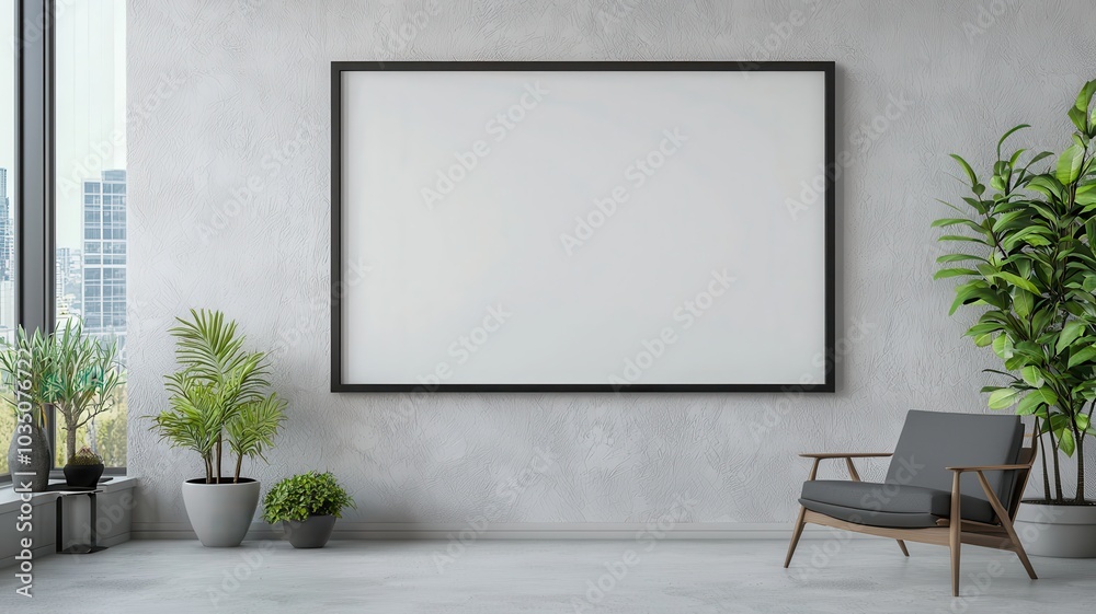 Stylish living room featuring a large empty sleek frame, perfect for personalizing your space with art. Stylish living room featuring a large empty sleek frame, perfect for personalizing your space with art.