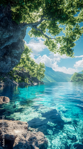 A stunning view of a crystal clear turquoise lake with rocky shores, surrounded by lush greenery and mountains under a bright, sunny sky