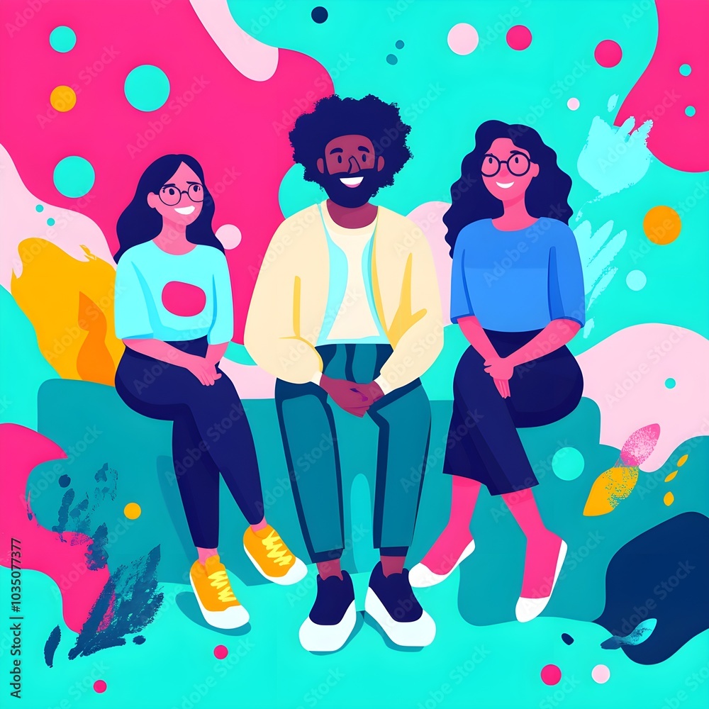 Diverse Group of Friends Sitting Together in a Colorful Abstract Background Diverse Group of Friends Sitting Together in a Colorful Abstract Background