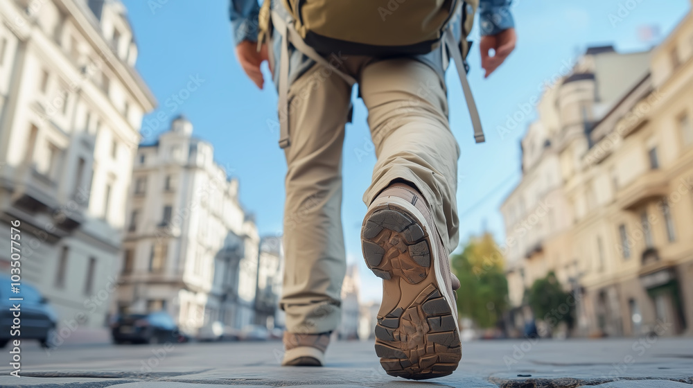 back view of a backpacker's feet walking in the city back view of a backpacker's feet walking in the city