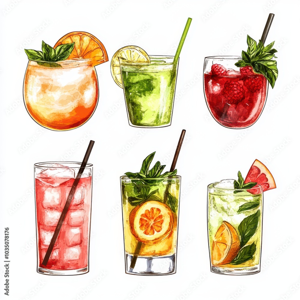 A vibrant assortment of refreshing cocktails featuring fruits and herbs, perfect for summer gatherings and celebrations. A vibrant assortment of refreshing cocktails featuring fruits and herbs, perfect for summer gatherings and celebrations.