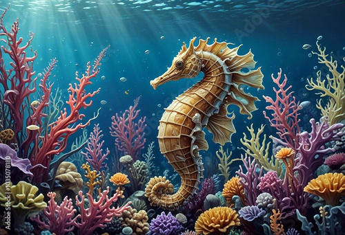 Illustration of a seahorse surrounded by colorful corals and marine life