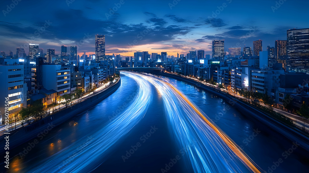 Cityscape at Night with River and Light Trails Cityscape at Night with River and Light Trails