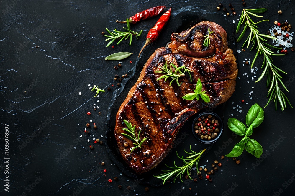 A steak with herbs and spices on a black surface