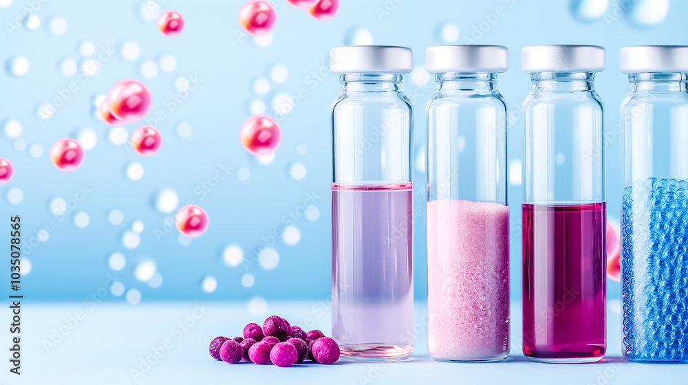 Vials containing various colorful liquids and powders sit side by side, while decorative beads float above them in a whimsical display against a soft blue background Vials containing various colorful liquids and powders sit side by side, while decorative beads float above them in a whimsical display against a soft blue background