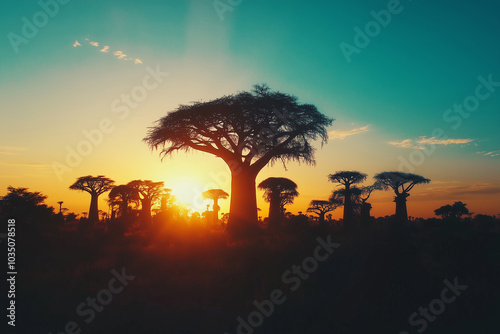 Beautiful baobab trees landscape in Madagascar at sunset.