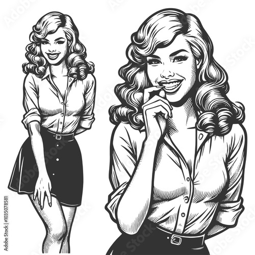 Playful smiling beautiful young woman flirty biting her finger sketch engraving generative ai fictional character vector illustration. Scratch board imitation. Black and white image.