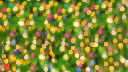 Christmas lights in bokeh outside in december Snow and bokeh in blue yellow and other colors on green Christmas pine background modern technology.