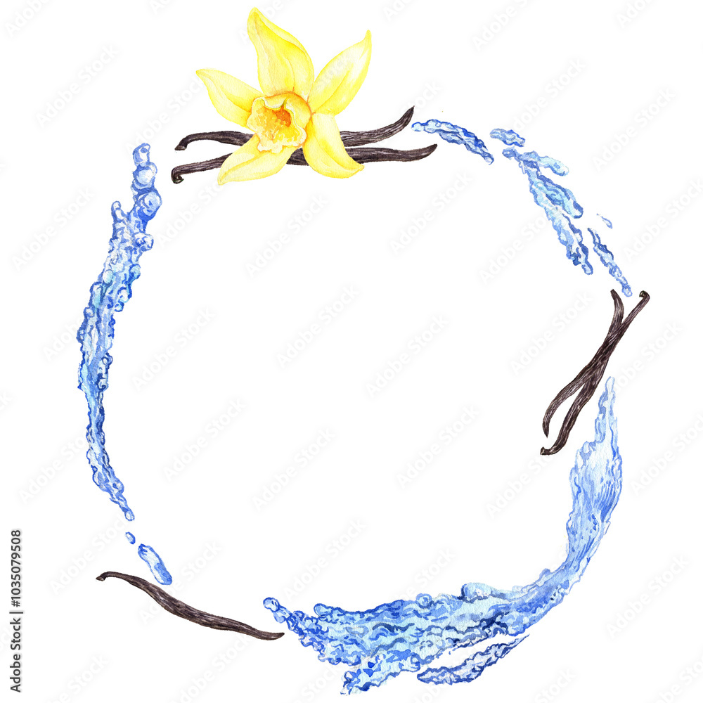 watercolor drawing water splash, vanilla flower and pots isolated at white background, hand drawn illustration watercolor drawing water splash, vanilla flower and pots isolated at white background, hand drawn illustration
