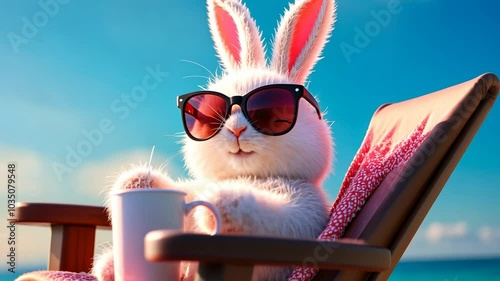 Cute Bunny Relaxing on Beach Chair with Sunglasses and Coffee.