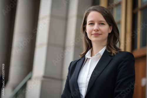 A confident female lawyer in a formal suit, standing in front of a courthouse, Businesswoman in an elegant expensive dress, People photography